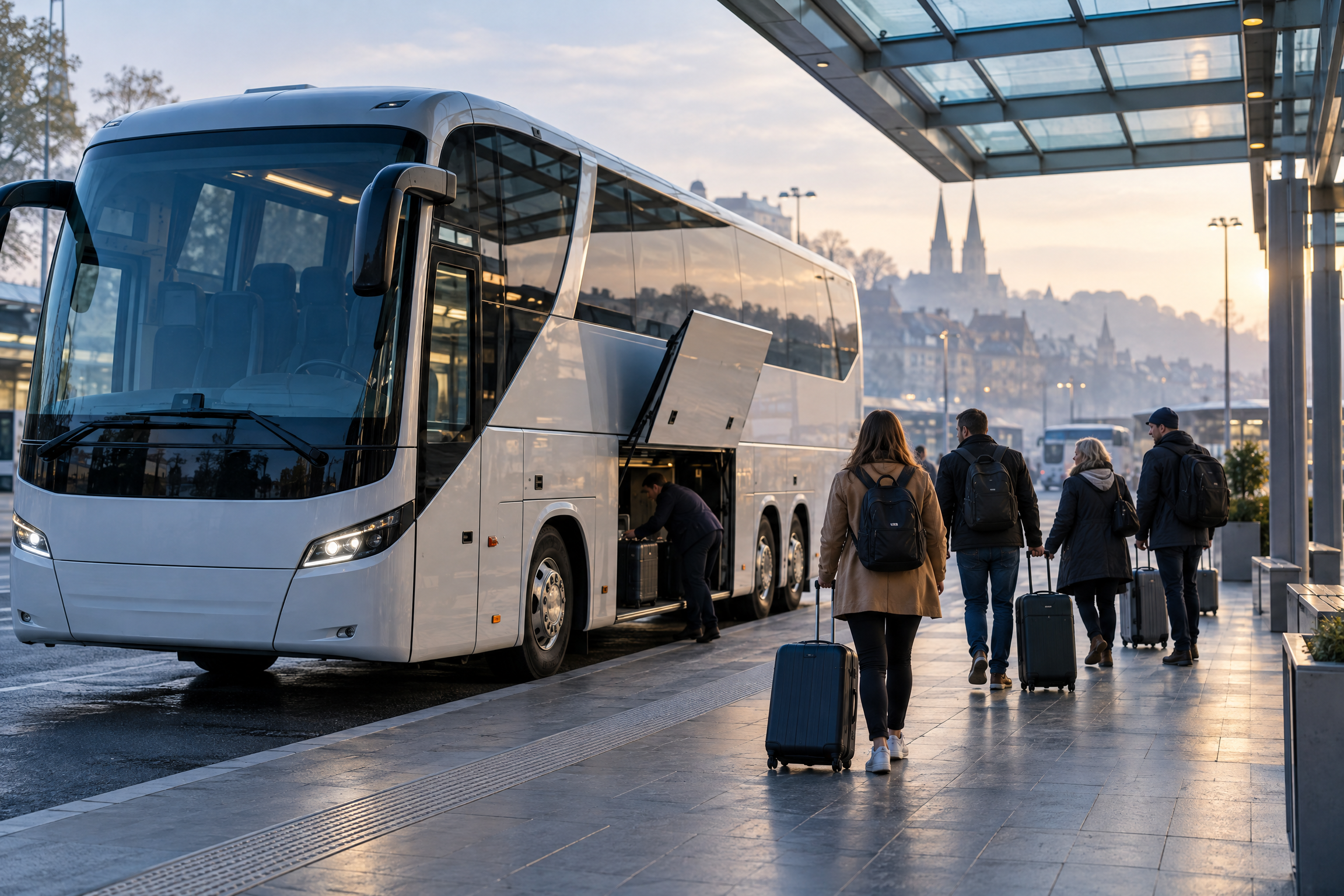 Coach at a terminal bay while passengers board