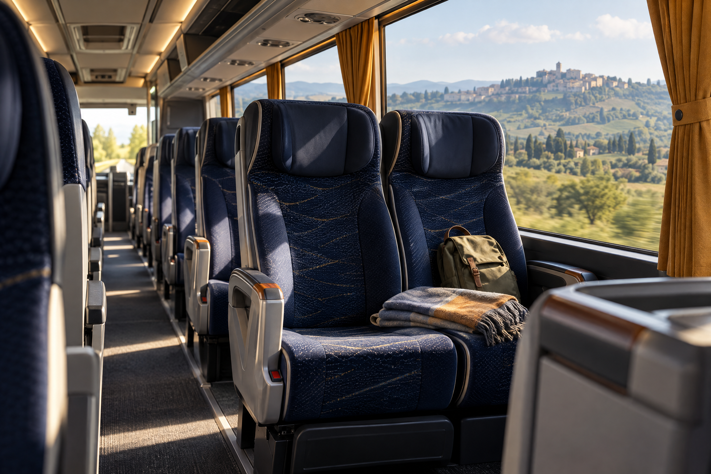 Coach interior with a panoramic window and rows of seats